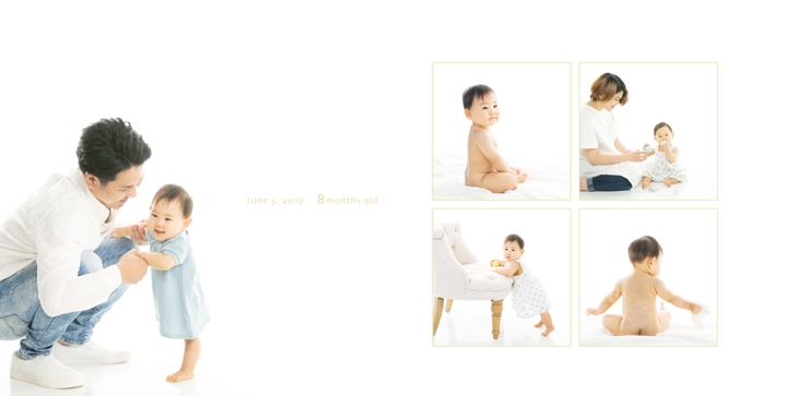おすわり〜ハイハイ〜つかまり立ちと
ぐんぐん成長する様子がぎゅっと
いつでも思い返せる大切な１冊になります

生まれてからたっちするまでの1年間         
あっという間の成長を素敵にまとめるBabybook