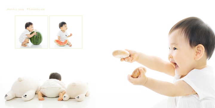 お気に入りのおもちゃや
季節のお気に入りの食べ物などと一緒に
お子様の個性が輝く瞬間

生まれてからたっちするまでの1年間         
あっという間の成長を素敵にまとめるBabybook

レイアウトのご紹介